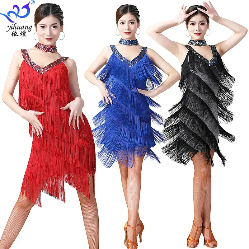 lady sexy fringe cha cha latin dancing dress woman fashion tassel v-neck latin dancing dress