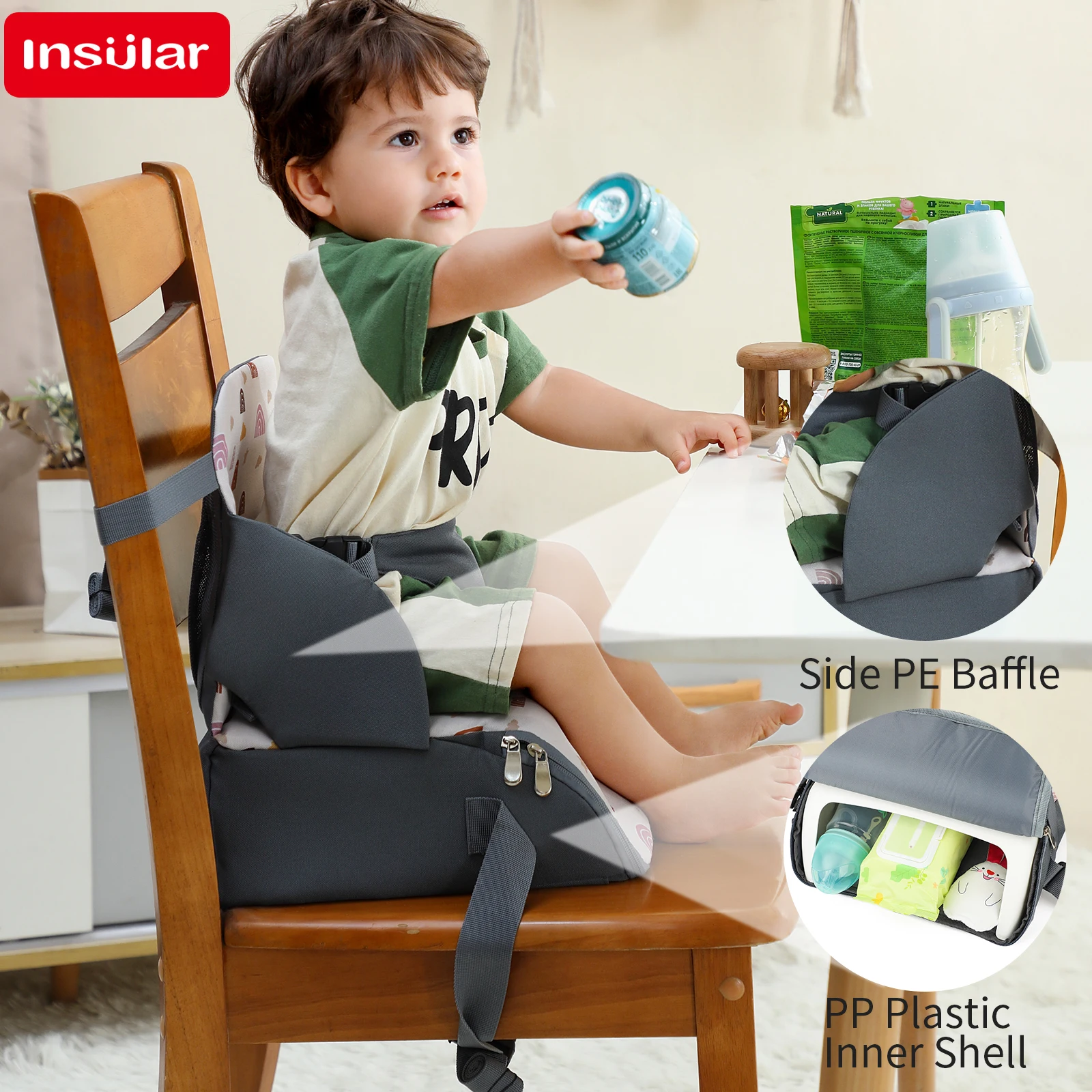 

Insular 2-IN-1 Suits Baby Booster Seat + Diaper Bags Portable Anti-slip Dining Chair Seat Cushion Convenient Multi-functional