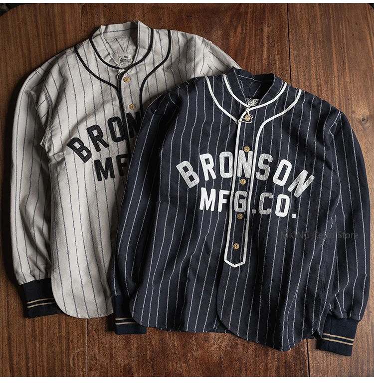 

Rugged Bronson 1 Inch Stripe Long Sleeve Baseball Jersey Vintage Sportswear Men's Felt Embroidery Cotton Shirt