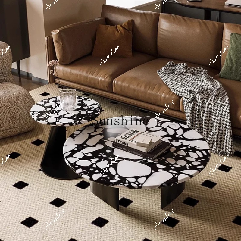 Wabi-sabi French terrazzo small apartment living room household light luxury round coffee table combination  FT