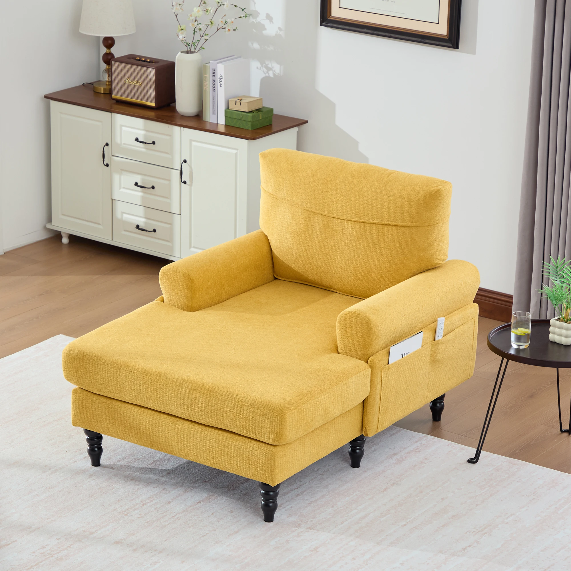 Moderner minimalistischer Samt-Loungesessel, Schlafzimmer-Einzelsofa mit Holzbeinen, bequemer Rückenlehne und Armlehnen – Detail 16