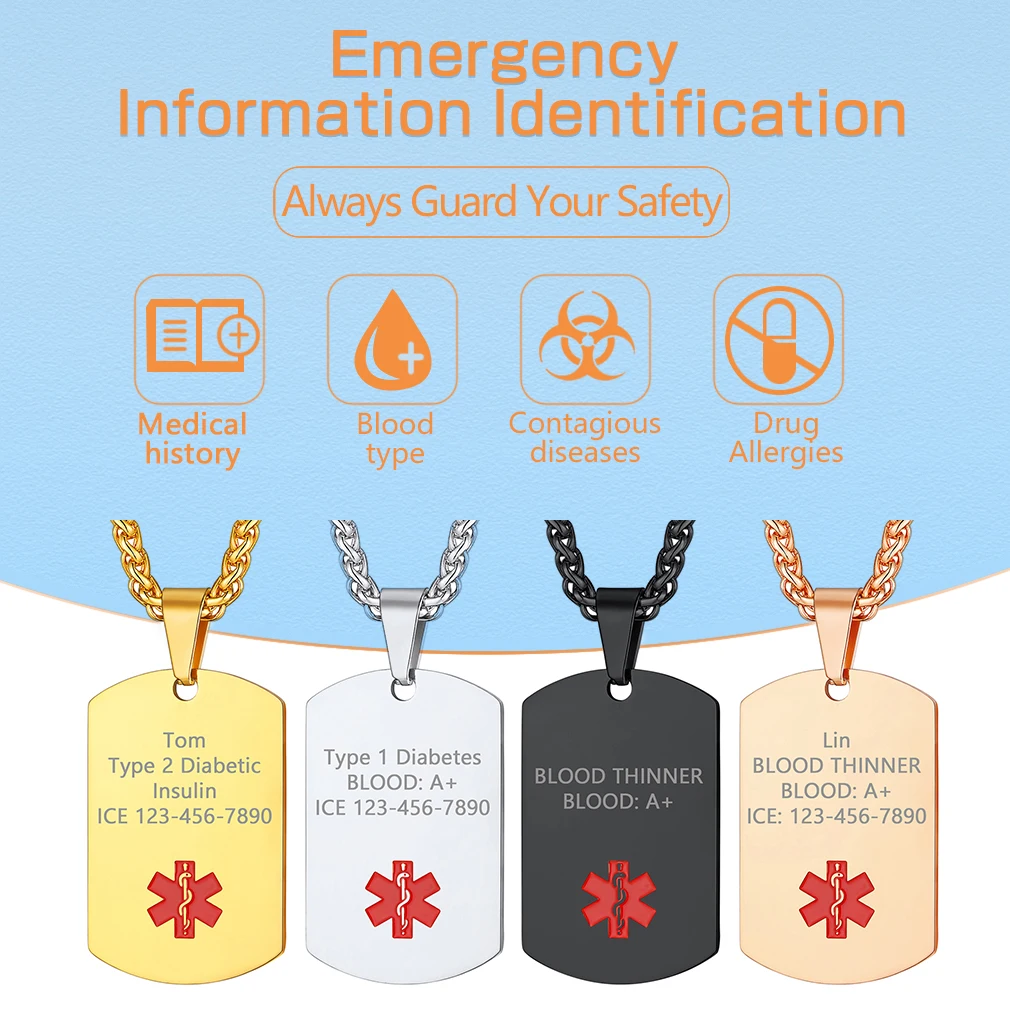 

ChainsPro ожерелья с медицинской биркой для мужчин и женщин из нержавеющей стали с персонализированной гравировкой, ювелирные изделия для медицинского состояния, информационным идентификатором