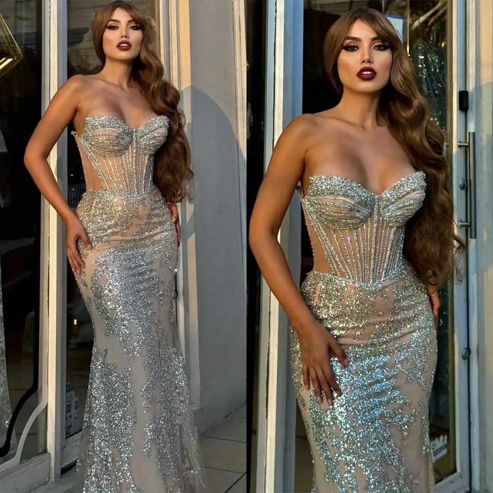 

Sexy Mermaid Evening Dress Sequins Lace Strapless Prom Gowns Illusion Sleeveless Zipper Formal Dresses Customized High Quality