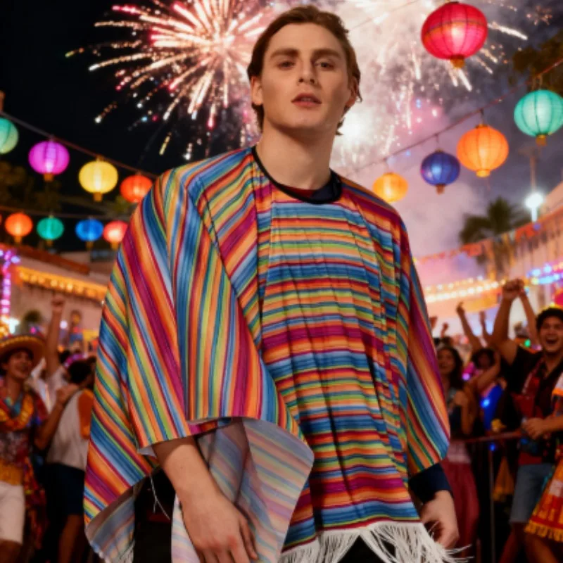 Kostiumy Akcesoria Meksykańska Serapa Poncho - Duży, ludowy płaszcz z żywymi kolorowymi blokami do Cosplayu i Festiwali