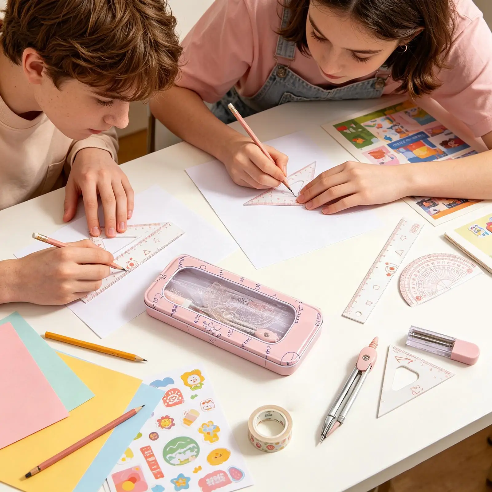 Protractor And Compass Set 8-Piece Shatterproof Compass With Storage Box Geometry Math Set For High School Middle School College