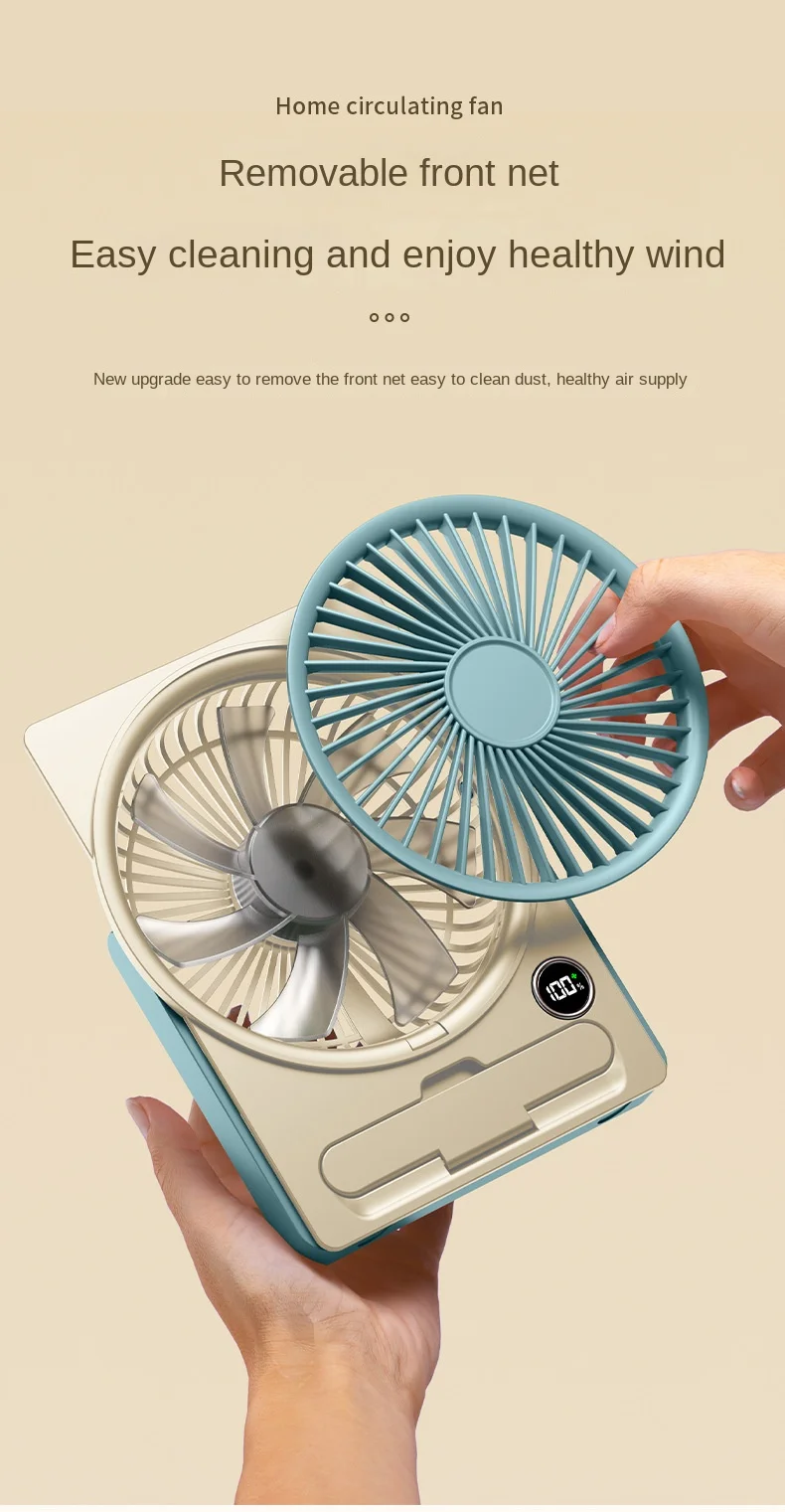 Ultra Thin Mini Fan USB Rechargeable Card Fan LCD Digital Display 6-speed Adjustment Hanging Stand Dual Use Desktop Fan