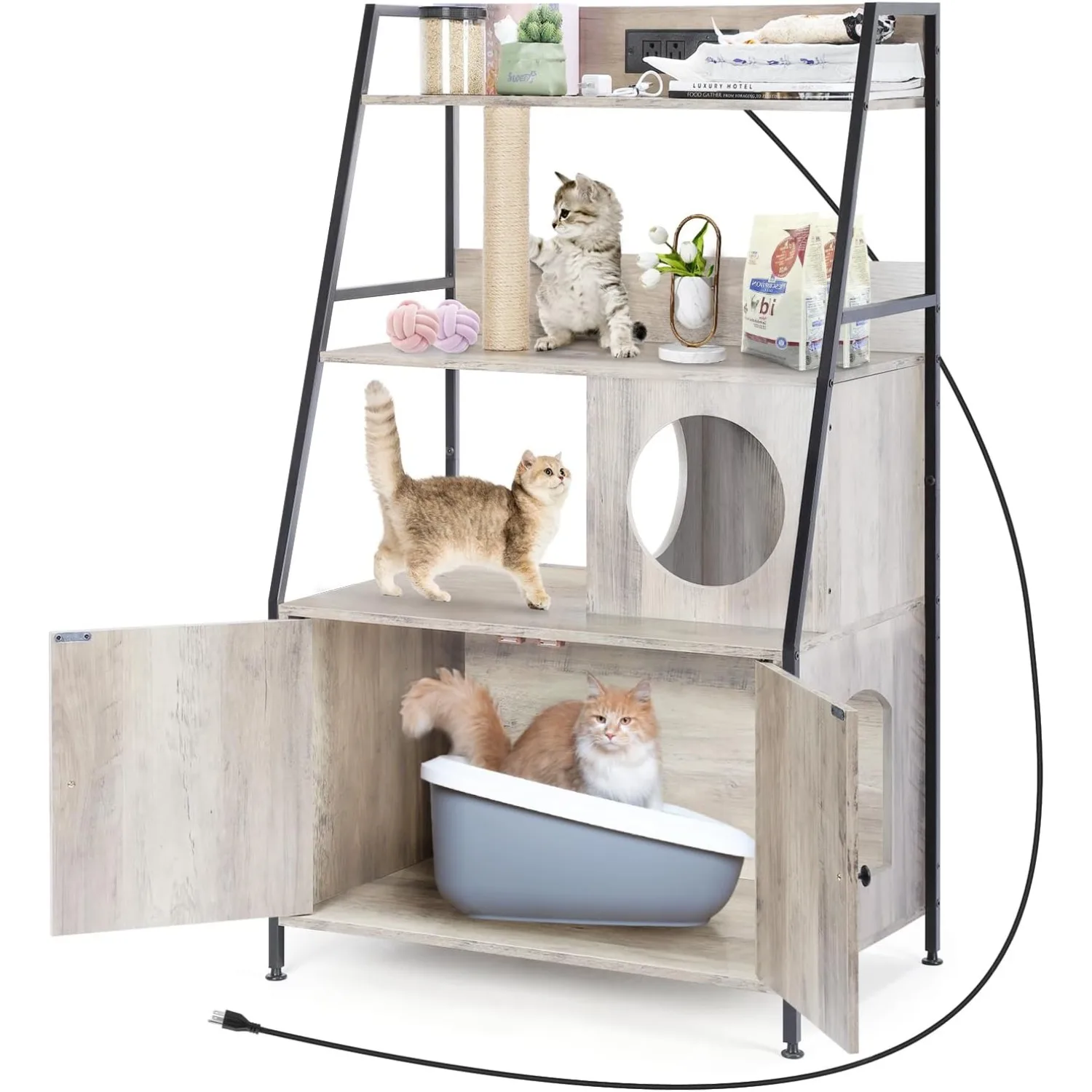 حاوية فضلات القطط الطويلة موفرة للمساحة مع رفين ومحطة شحن، صندوق فضلات يخفي لمعظم الأحجام (أسود)