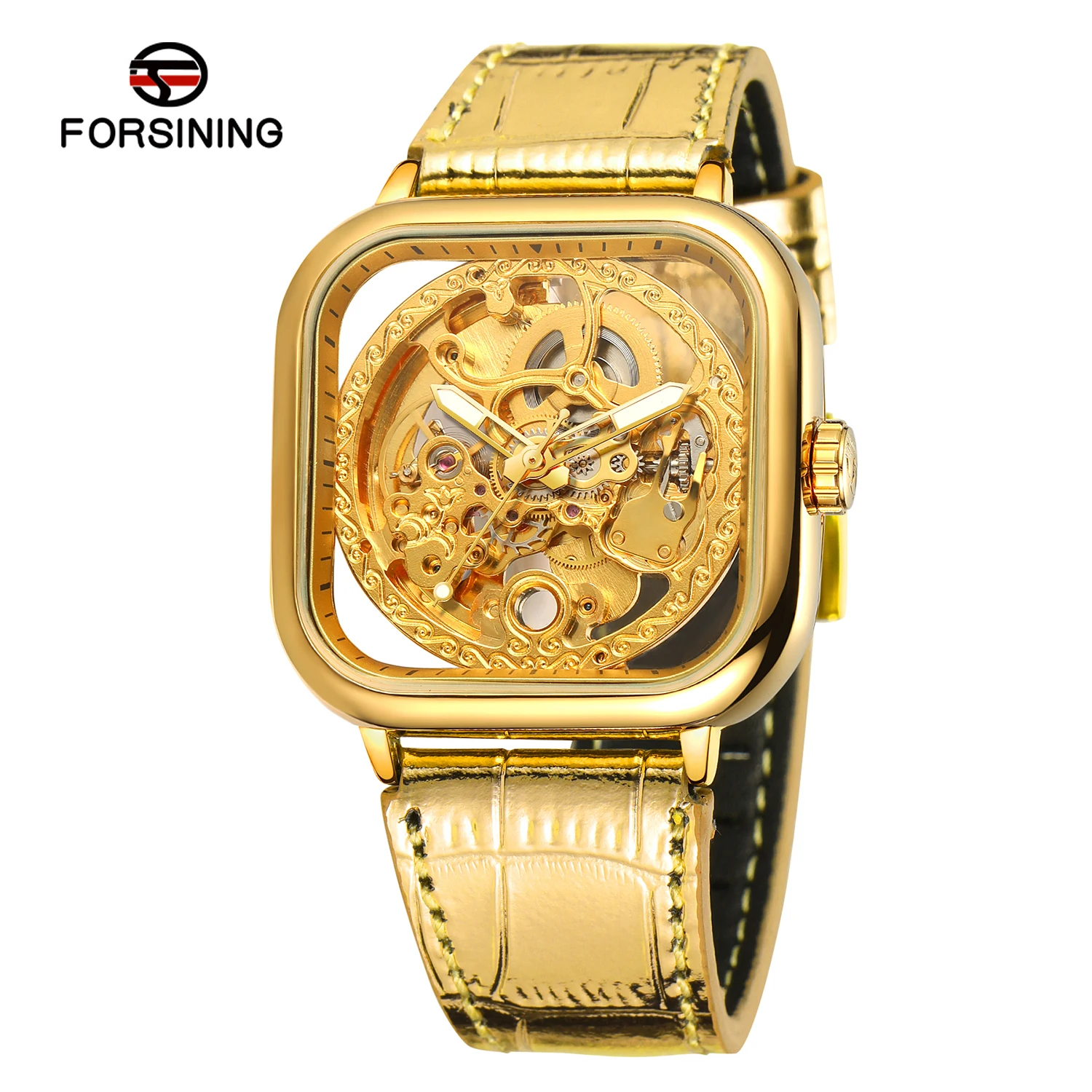 

FORSINING мужские часы с квадратным корпусом и гравировкой, автоматические механические часы со скелетом, светящимися стрелками, золотой ремешок из натуральной кожи, мужские часы