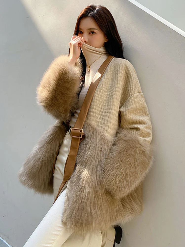 Faux Fur Coat Women 2024 Winter Thick Warm New Outerwear Female Casual Loose Long Sleeve Coats Fashion Patchwork Jacket