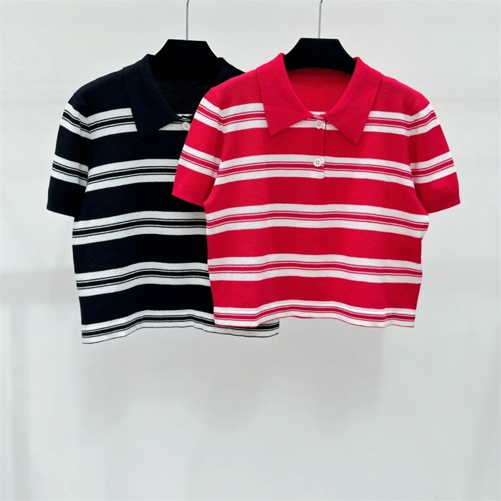 Camiseta polo listra curta feminina, elegante de malha elástica, roupas de streetwear, primavera, verão, ao ar livre, gola, M881912, novo, 2022