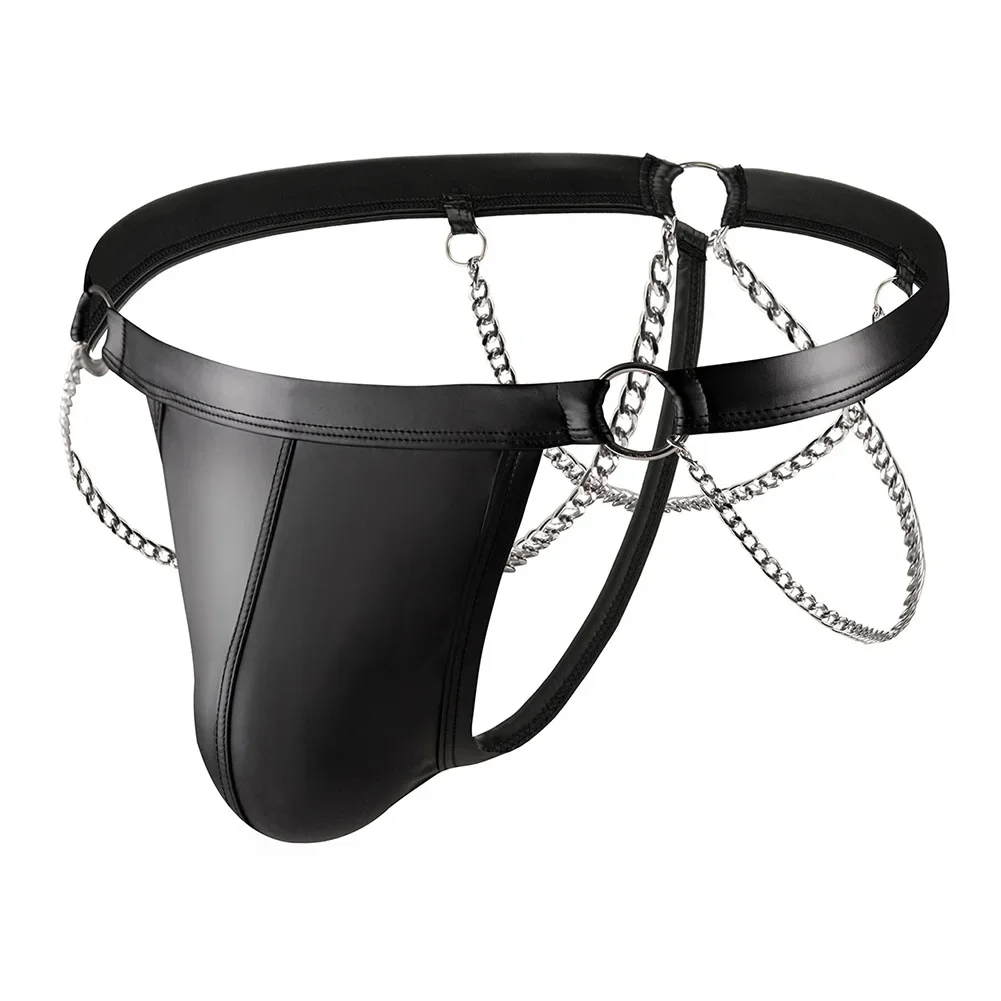 

Mens Patent Leather Underwear Sexy Chain IronRing Decoration Bikini Thongs Hollow Erotic Lingerie Low Rise Underwear Trunks