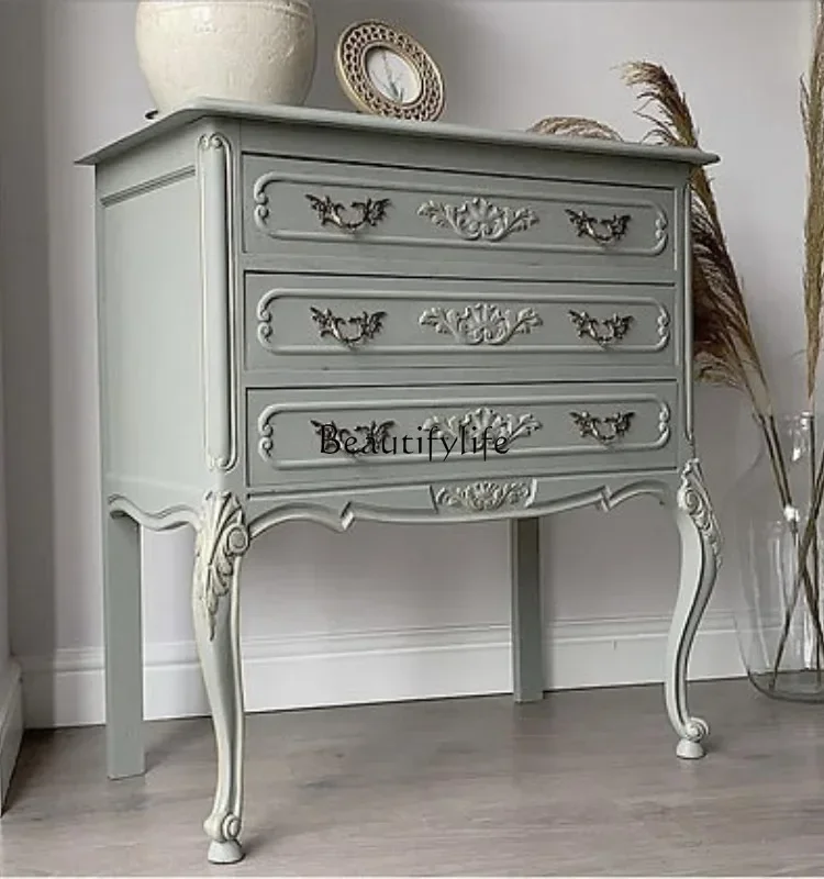 

2 yj15 French Style Solid Wood Vintage Entryway Cabinet American Style Bedroom Carved Hallway Decorative Bedside Table