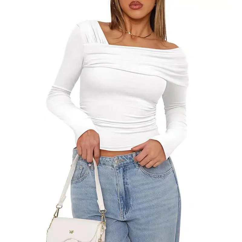 Women Basic Solid Color Slash Off Shoulder Full Sleeve Sexy Slim Top Shrunk Soft T-Shirt Casual Autumn Versatile Street Top