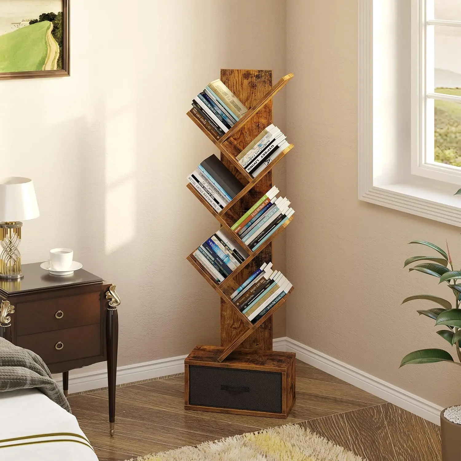 7-Tier Tree Bookshelf with Drawer, Tall Narrow Bookcase for Living Room Bedroom, Rustic Brown Storage Rack