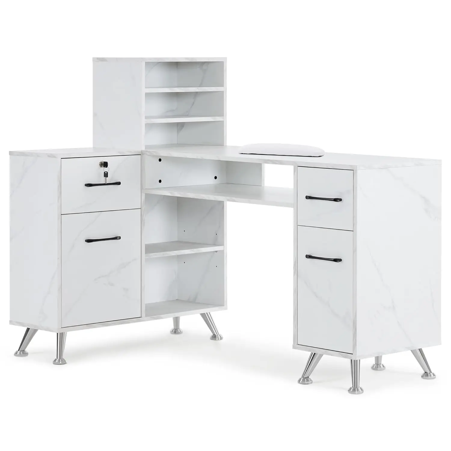 

L-Shaped Manicure Table with Drawers and Shelves for Storage, Salon Corner Nail Desk, Makeup Dressing Station,, Customized