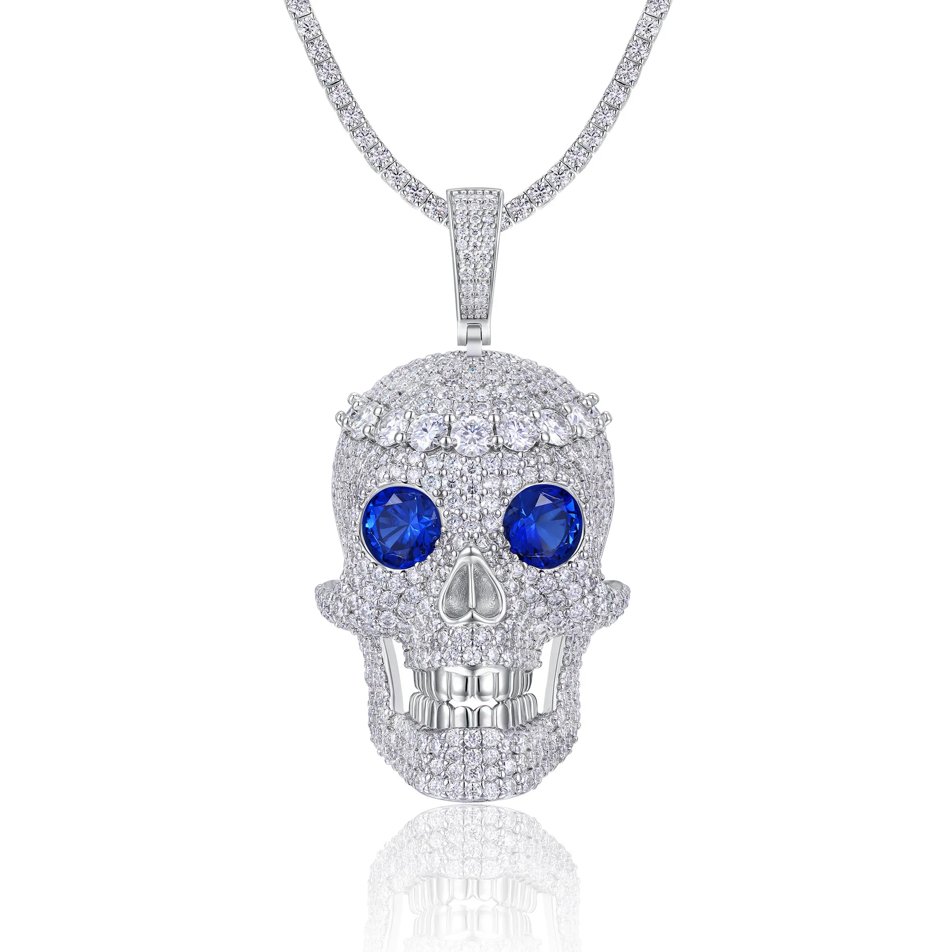 Wholesale Moissanite Jewelry Punk Men's S25 Silver Hip Hop Skull Pendant VVS1 Custom Blue Moissanite Jewelry Necklace for Man