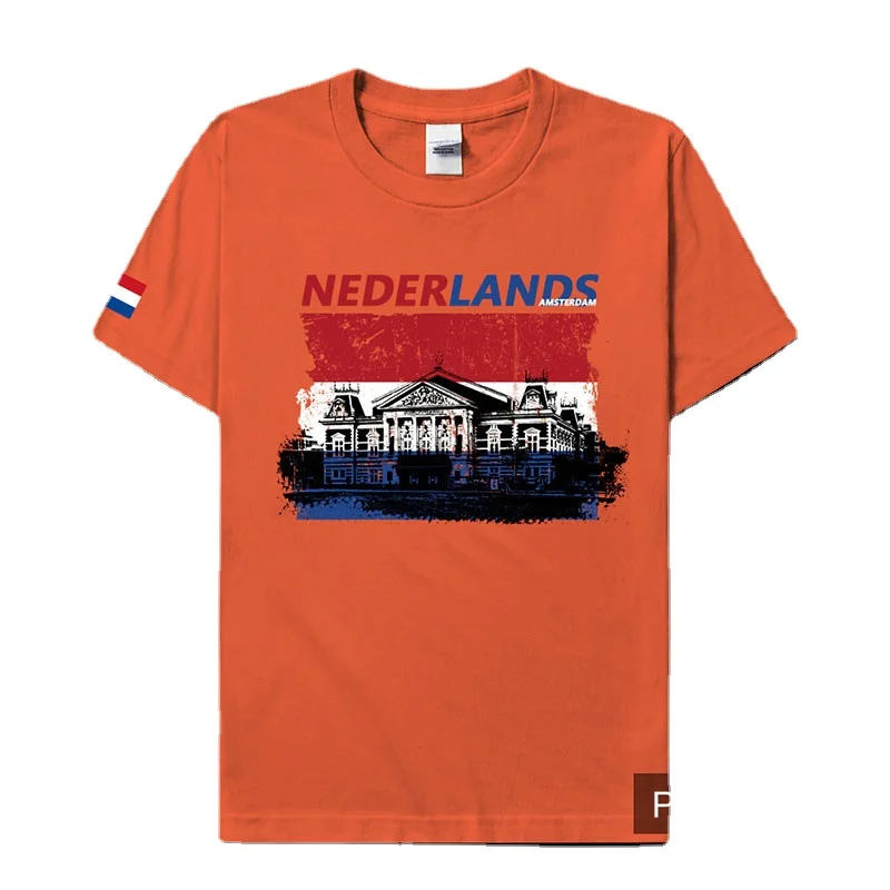 Amsterdam Concert Hall National Landmark Building Nederlands Flag Printed T-Shirt Summer Cotton O-Neck Short Sleeve Mens T Shirt