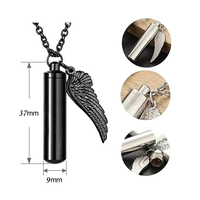 Pet cylindrical pendant with small wings to commemorate loved ones Pet necklace