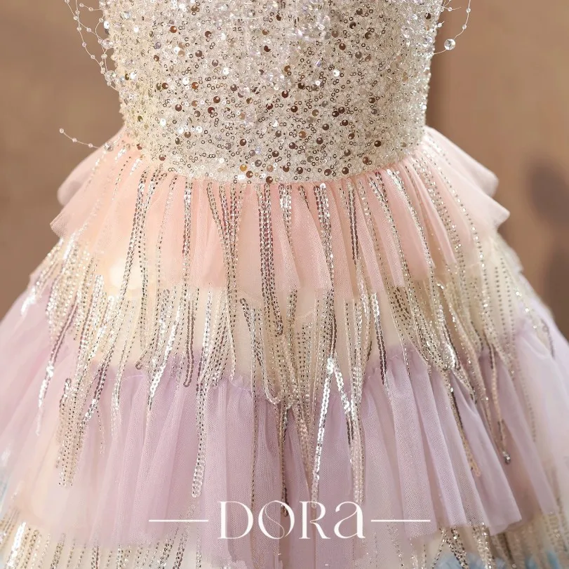 Kinder Regenbogen-Pailletten Mehrlagiges Tüll-Langes Kleid Mädchen Festkleid Geburtstagsparty Blumenmädchenkleid A5091 Vestido de Festa Infantil – Detail 7