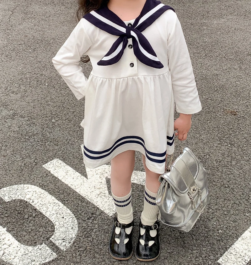 2024 Spring and Autumn Girls Children\'s Sweet Long sleeved Dress Navy Collar Star Princess Dress Clothing 1-6Y