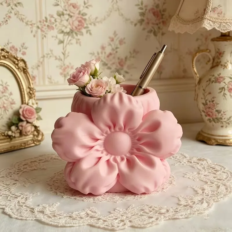 3D Printed Pink Flower Pen Holder Floral Desktop Organizer Mini Vase Brush Storage Table Cute Girls Home Decor