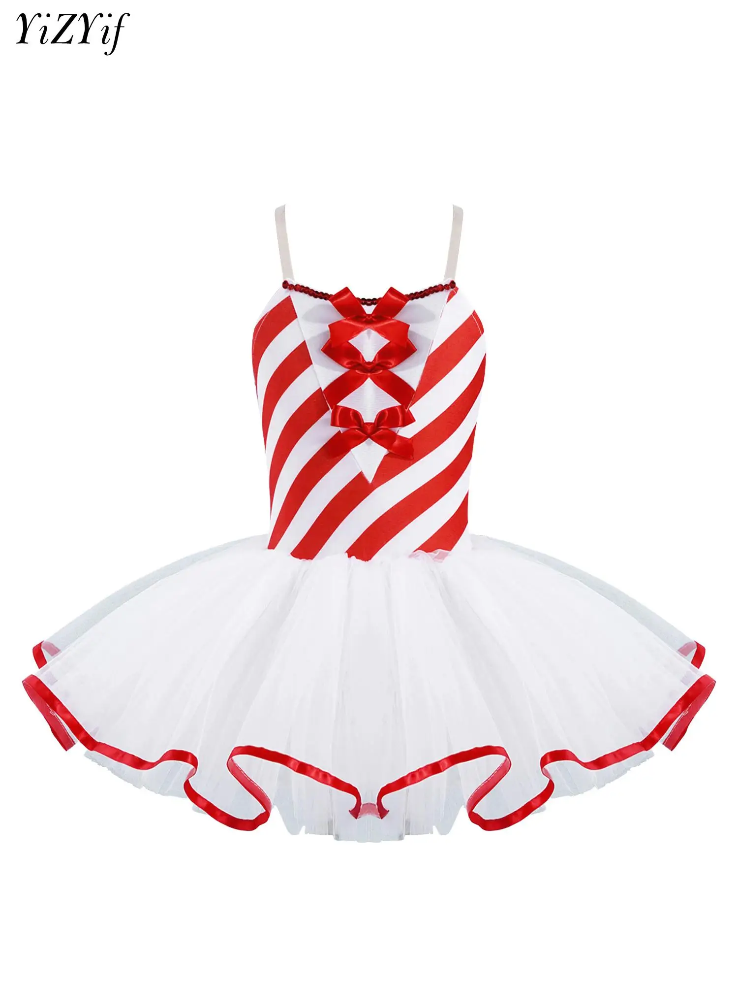 Girls Christmas Striped Candy Cane Costumes Ballet Leotard Mesh Tutu Dress Sleeveless Ballerina Figure Ice Skating Dance Wear