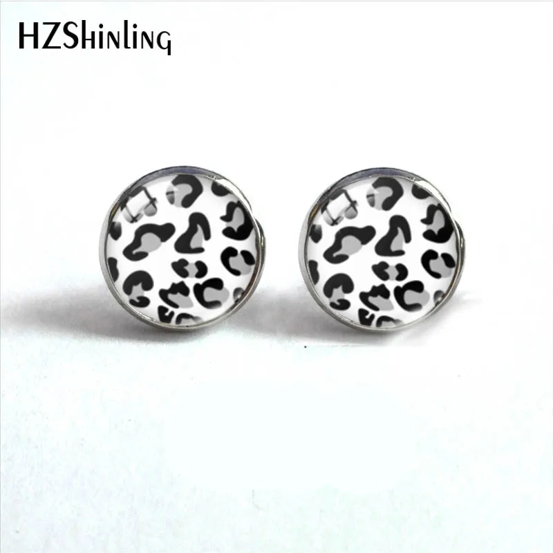 2023 New Animal Skin Leopard Pattern 12mm Round Stud Earrings Glass Cabochon Stud Earrings Handmade Ear Jewelry for Women