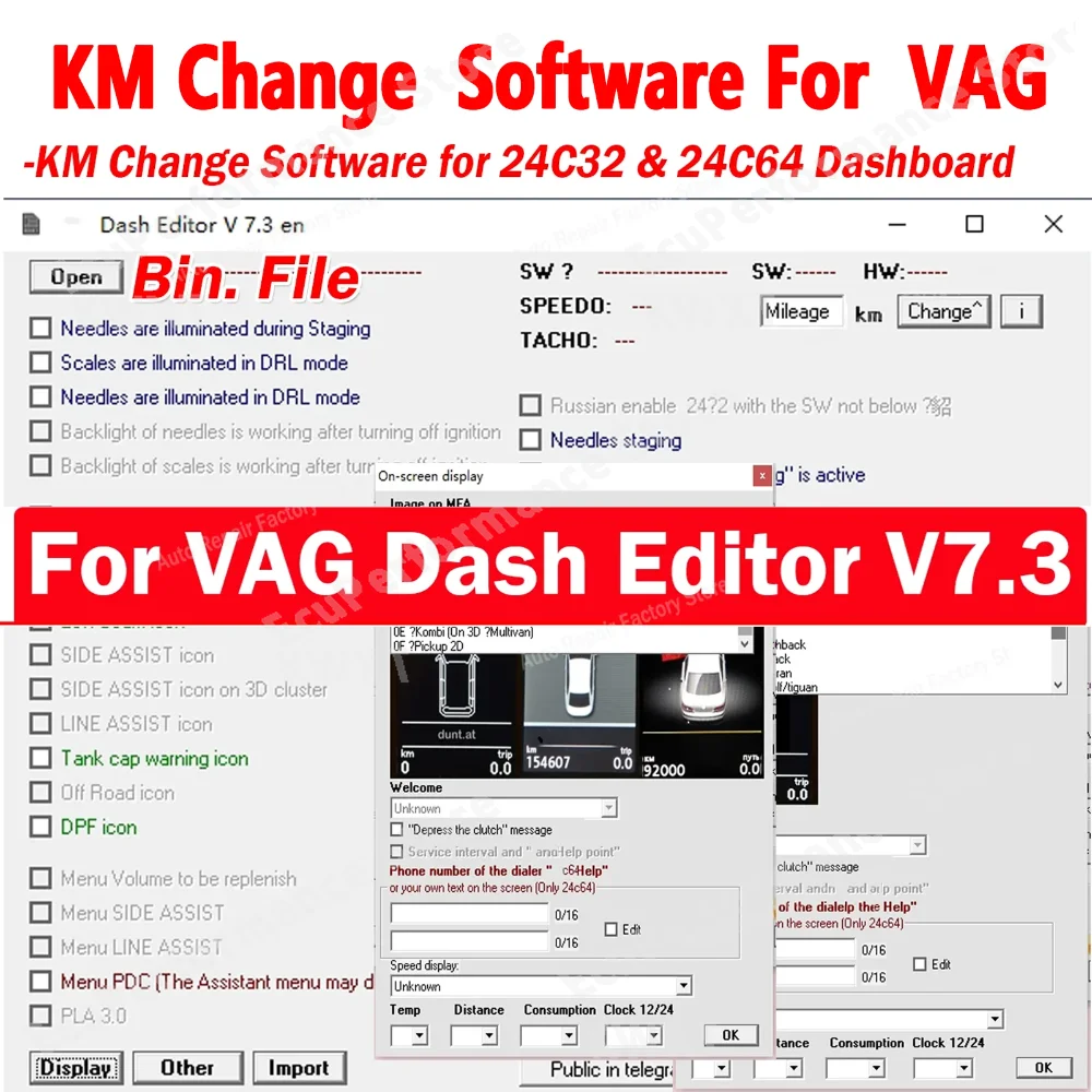 VAG KM Software-Update Dash Editor V7.3 für 24C32 & 24C64 Armaturenbrett-Kilometerzähler, passend für Bin. Aktenordner für Skoda für Seat...