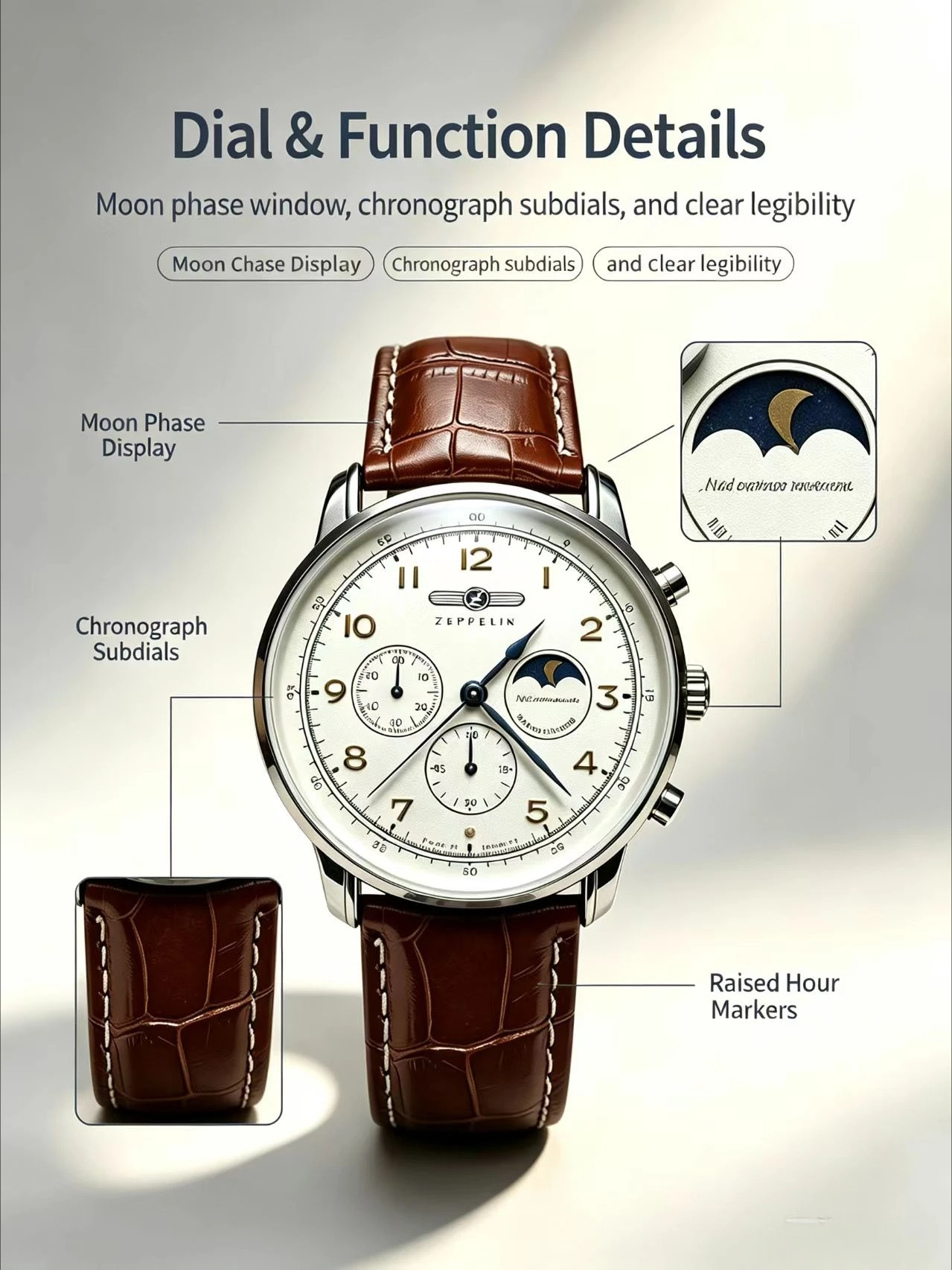Zeppelin Moon Phase Watch Men's Quartz Watch Classic Retro Leather Strap Multi functional Precision Timing Watch Gift Date
