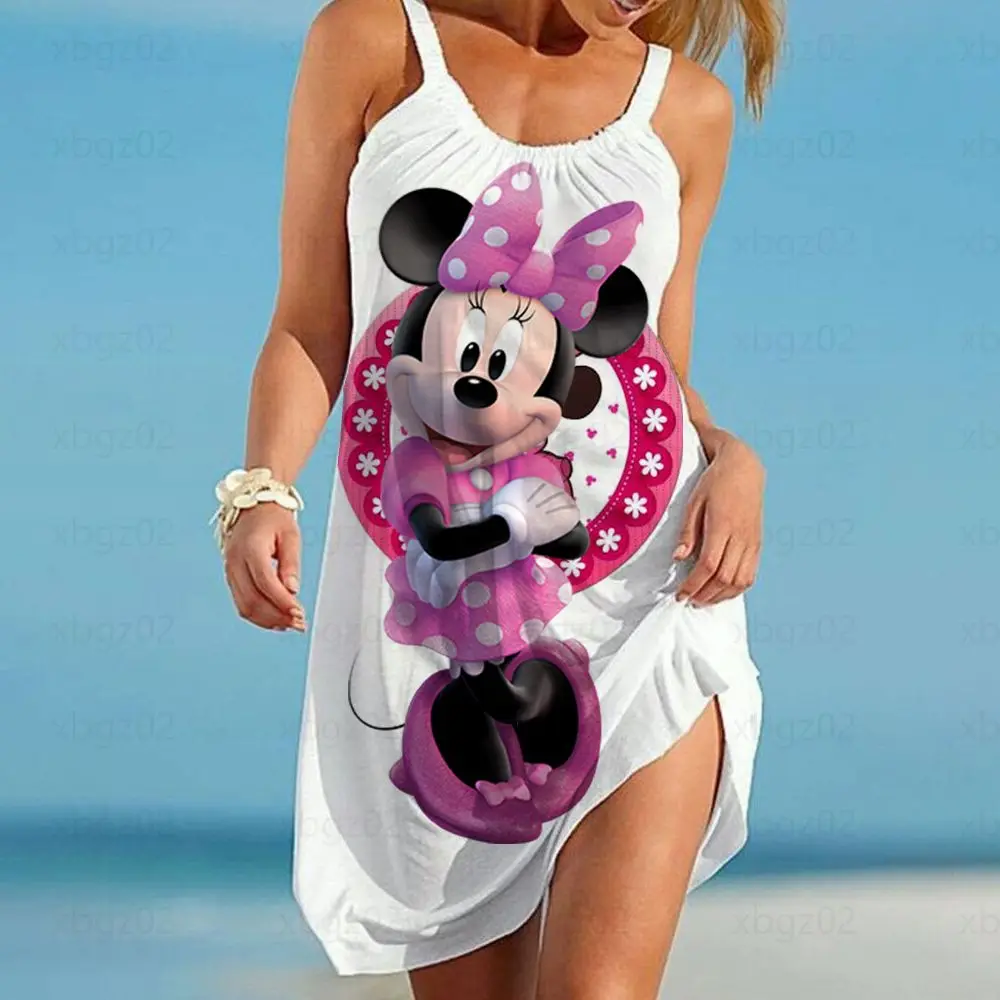 Robe à bretelles Disney pour femmes, tenue de plage élégante, style Boho, Sexy, imprimé Minnie Mouse, ample, à la mode