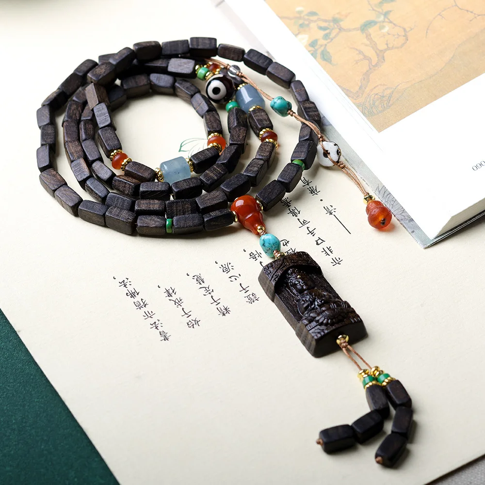 Bransoletka z agarwoodu Dalagan, wielokręgowa, bransoletka kulturowa, bransoletka Guanyin, bransoletka z trójokim koralikiem nieba, buddyjski naszyjnik z koralików.