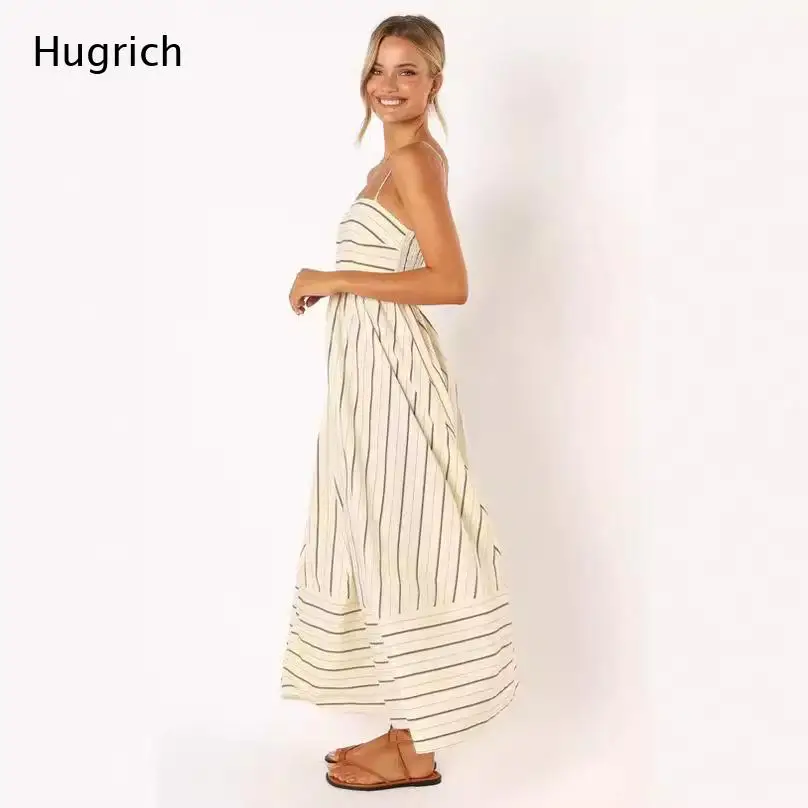 Thin Spaghetti Strap Striped Maxi Dress Empire Waist Gathered Bust Tiered Hem Multi Colors Casual Vacation Sundress