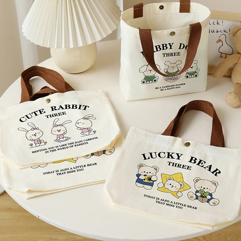 Small Versatile Handbag Cute Cartoon Mini Canvas Bag Female Student Lunch Box Bag Simple Tote Bag Office Worker Lunch Bag