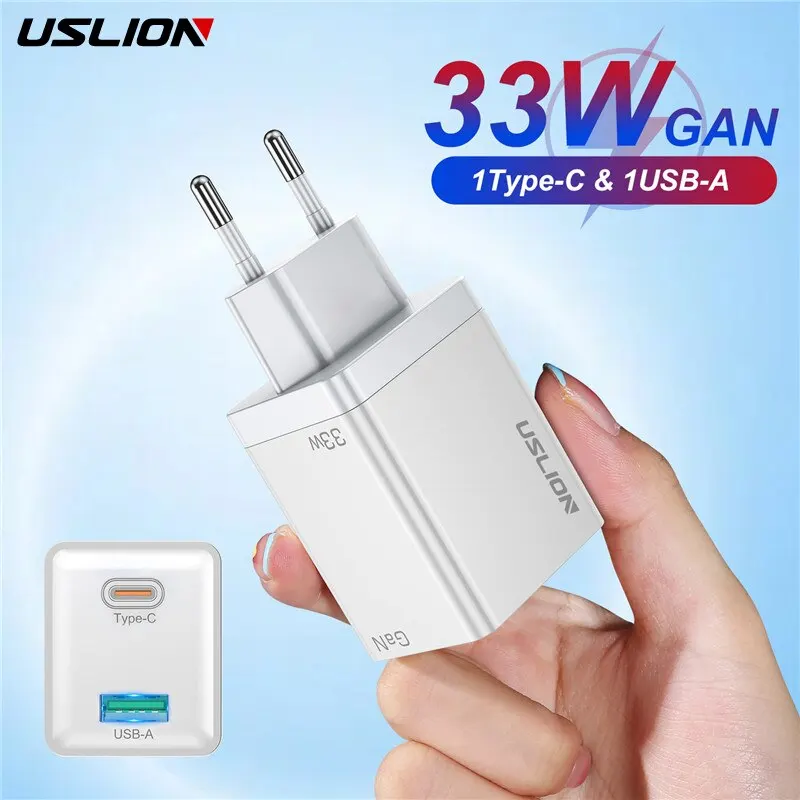 USLION 33W GaN Charger Quick Charge 4.0 3.0 Type C PD USB Charger for Macbook Tablet Fast Charging for iPhone 14 Xiaomi Travel