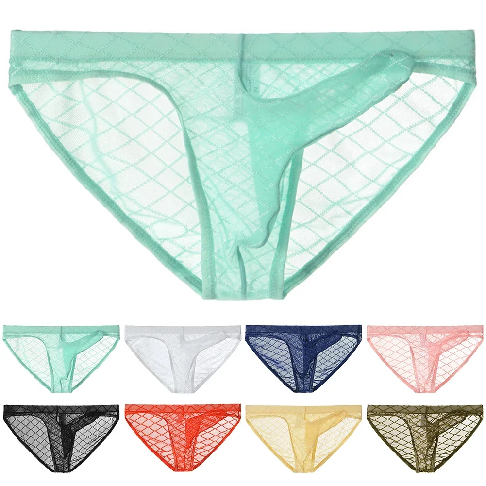 Sexy Men Mesh Panties T-Back Pouch Elephant Nose Underwear Low Waist Panties Lattice G-String Briefs Thong See Through Underpant
