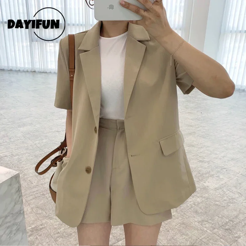 Dayifun feminino terno jaqueta + cintura alta em linha reta perna larga shorts lapela solta manga curta blazer chique senhora do escritório 2 peças conjuntos