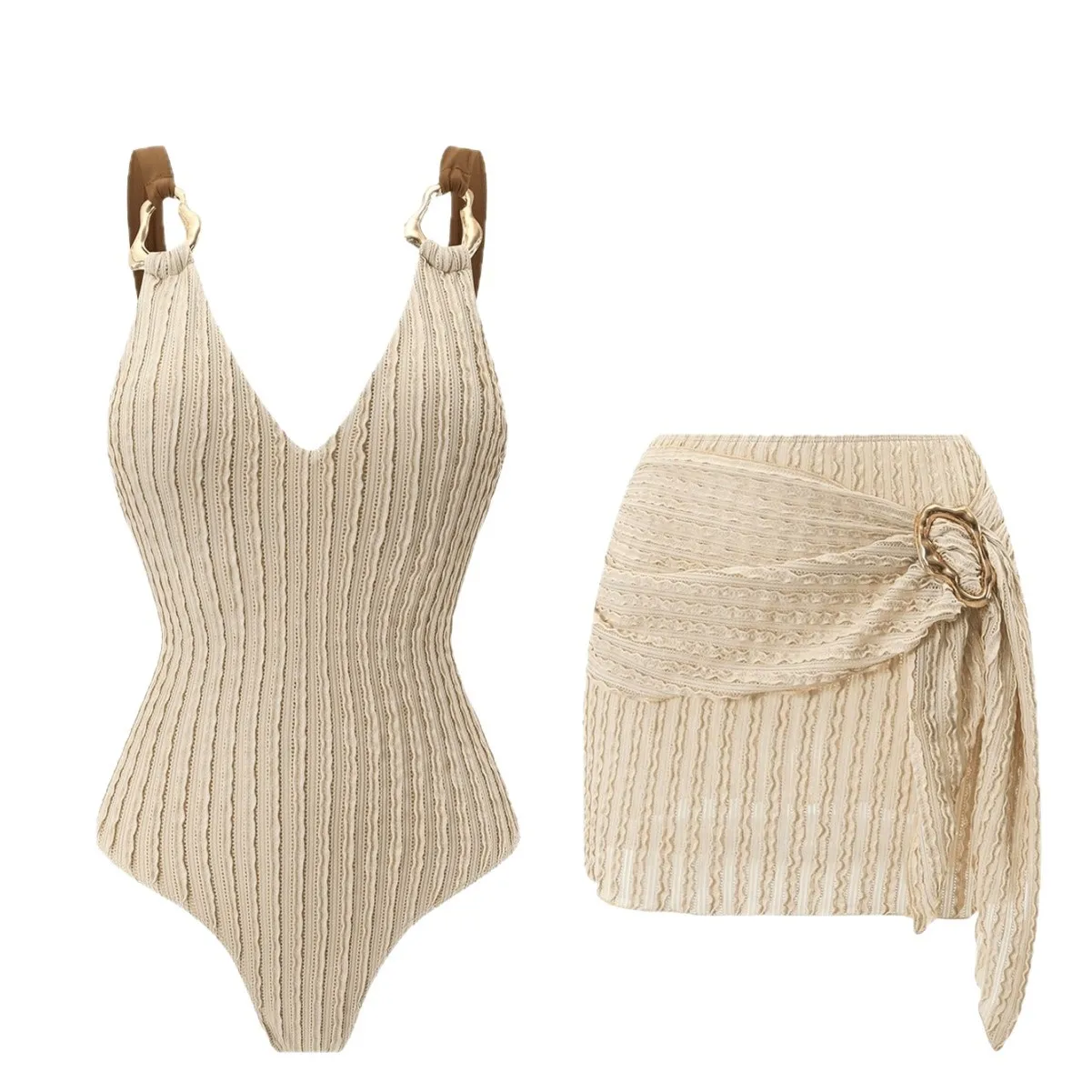 2026 New Women 2‑Piece Swimsuit Textured One‑Piece Bathing Suit With Cover‑Up Skirt Metal Ring Decor Beach Swimwear Set
