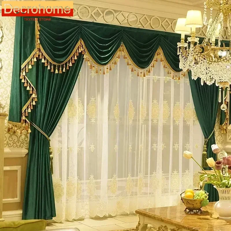 Luxury Curtains for Living Dining Room Bedroom Gold Velvet Fabric Curtains High-end Villa Valance Curtains Tulle Customization