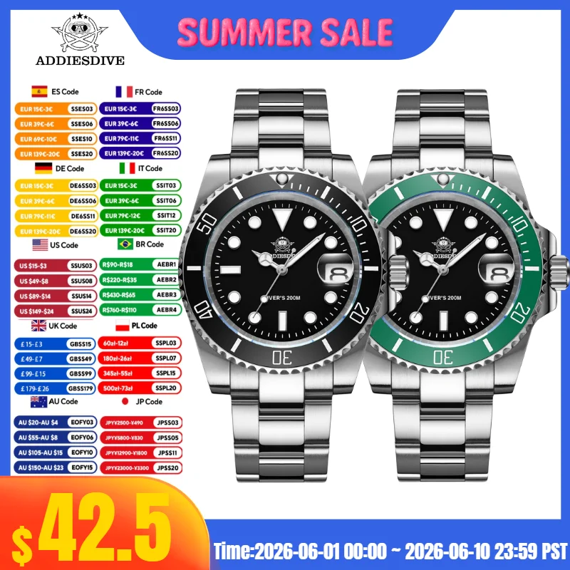 

ADDIESDIVE 41mm Watch For Men 20Bar C3 Super Luminous reloj hombre Quartz watch relogio masculino Men Steel Waterproof Watches