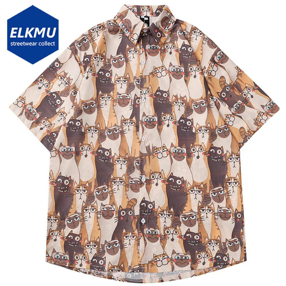 

Cats Graphic Shirts Japanese Harajuku Shirts Men Summer Casual Loose Button Up Blouse
