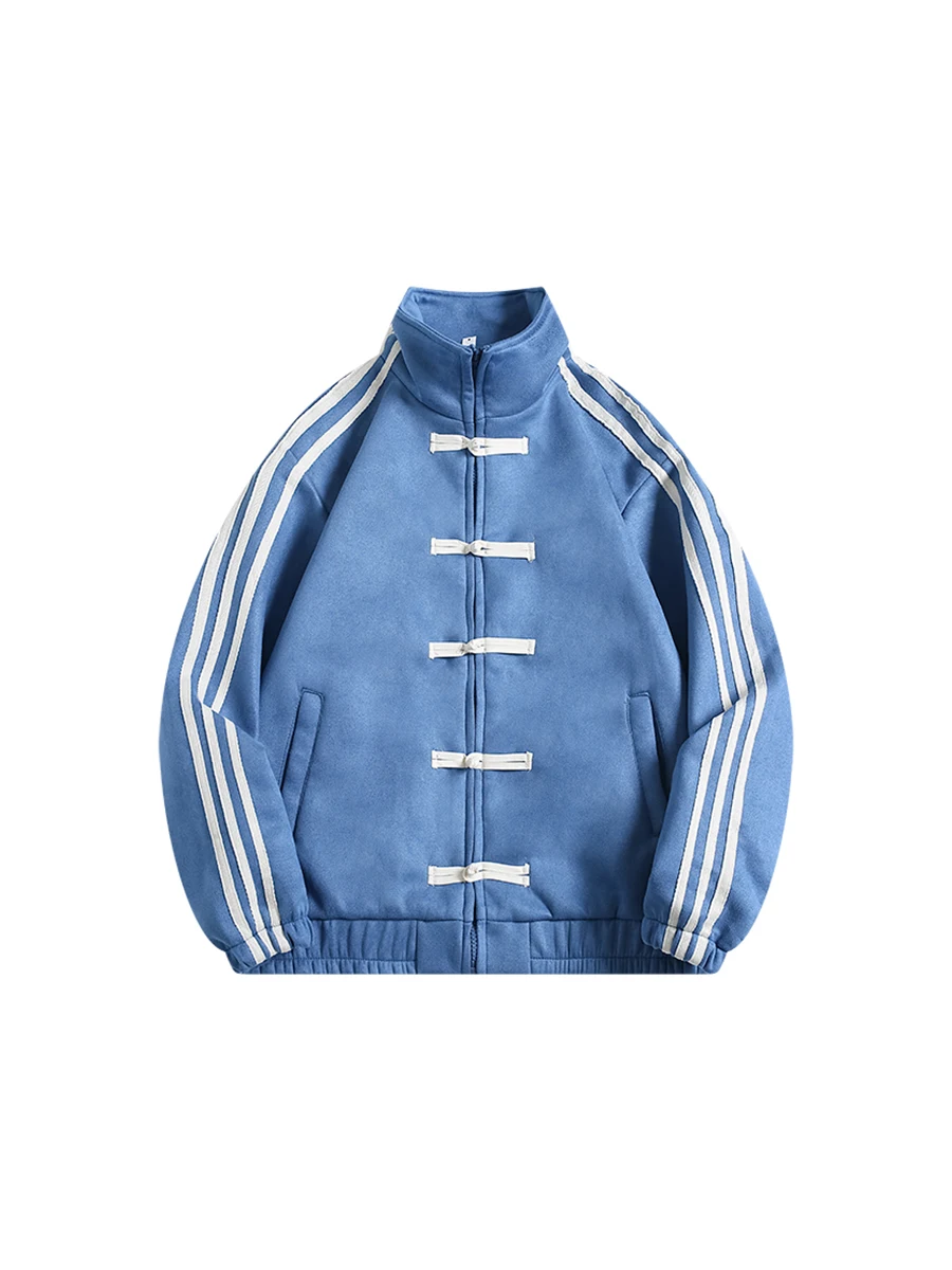 جاكيت رياضي صيني الطراز من الجلد المدبوغ بثلاثة خطوط للجنسين، جاكيت أنيق بأزرار وياقة عالية للشباب للارتداء اليومي