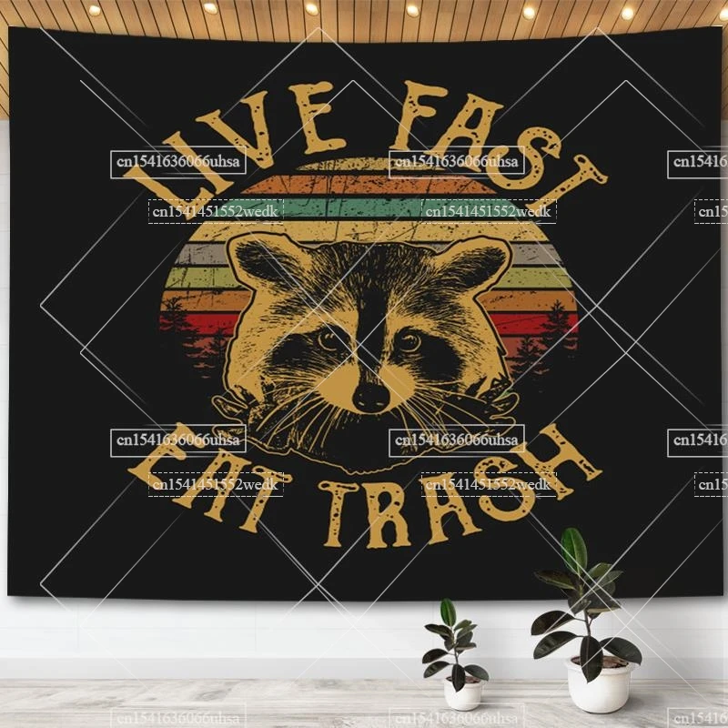 Live Fast Eat Trash Tapestry Wall Hanging Animal Raccoon Flag Banners Funny Meme Tapestries Kawaii Dorm Decoration Background