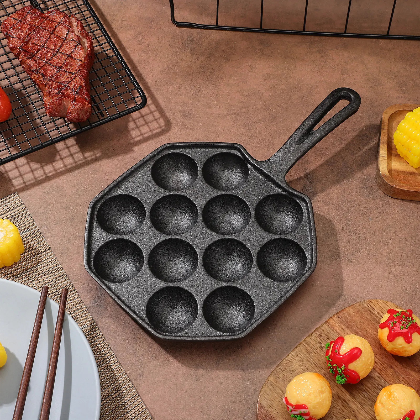 Takoyaki Pan Cast - Padella per Takoyaki con 12 Stampi,