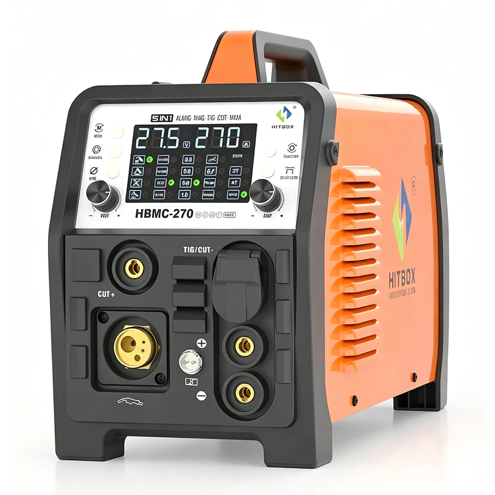 HITBOX HBMC270 Multifunctional Welder Plasma Cutter Combo Dual Voltage 110V/220V 7 in 1 Stick MMA ARC HF TIG CUT Aluminum Pulse MIG/Gas/Flux Core MIG Spot Welding 2T/4T Large Digital Display IGBT Inverter Welder for Aluminum Stainless Steel