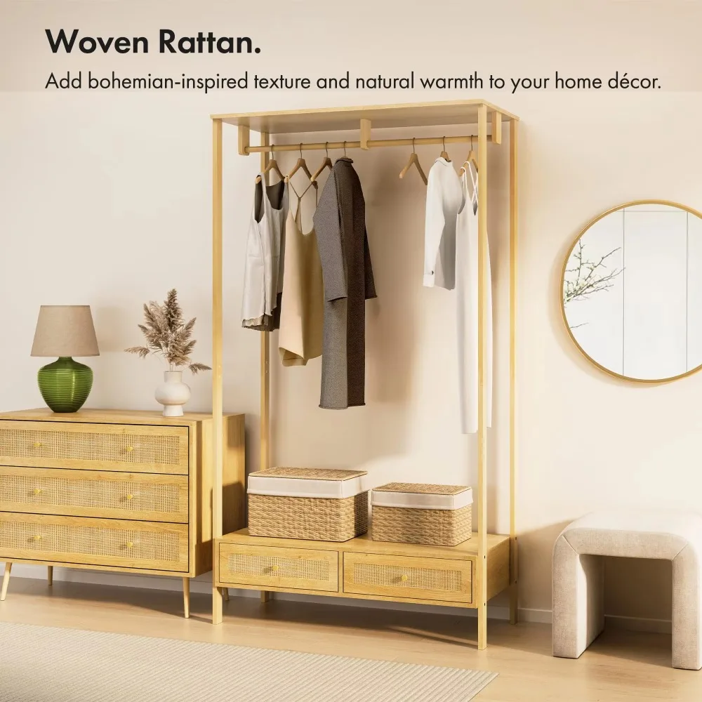 Combohome  Clothes Rail for Bedroom Scandi Style Open Wardrobe 2 Rattan Fronted Drawers with Metal Handles Look Coat Stand