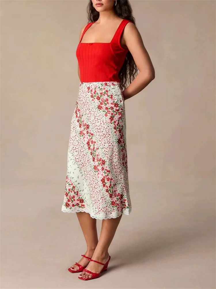 

Ladies Lace Trim Hem Side Button Decoration Elegant Jupe Women Floral Printed A-Line Mid-Length Skirt Summer 2024 New