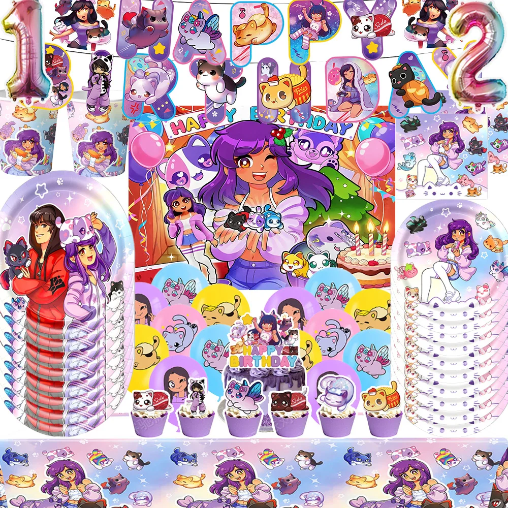 

Cute Aphmau Plushies Themed Birthday Tableware Decorations Plates Cups Napkins Banner Balloons Girls 1st Birthday Party Supplies
