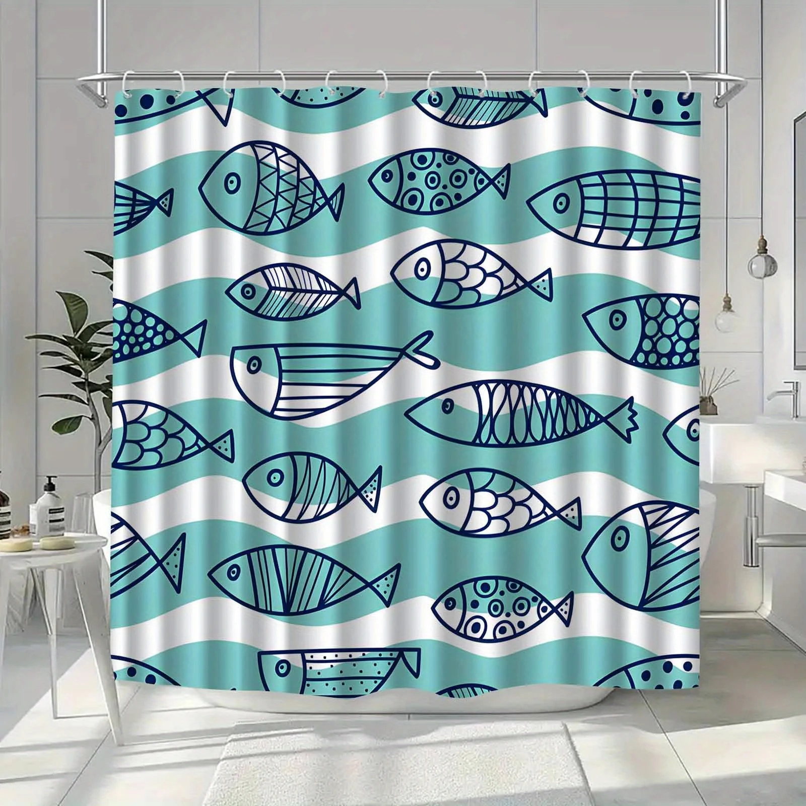 

1 шт. милая занавеска для душа с рисунком рыбок и волнистыми полосками, с крючками, из полиэстера, подходит для машинной стирки, идеально подходит для декора ванной комнаты.