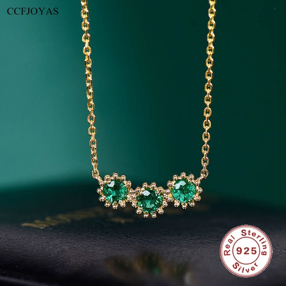 

CCFJOYAS 925 Sterling Silver Three Round Emerald Zircon Pendant Necklace for Women Retro INS Light Luxury Necklace Jewelry