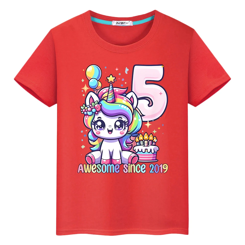 

t shirt for kids boys Happy 5th birthday print Unicorn Cartoon 100%Cotton anime Short Cute Tops y2k one piece kids clothes girls